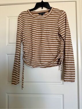 Veronica Beard Cream & Tan Striped Long-Sleeve Drawstring Top